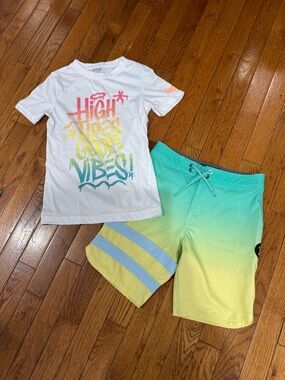 HURLEY White 'High Vibes' Graphic Tee & Aqua-Yellow Ombre Swim Trunks Set 🏖️🌊🏝️